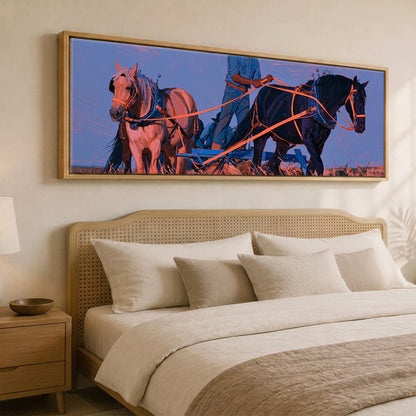 Twilight Draught Team Working Horse panoramic canvas wall art displayed above a bed