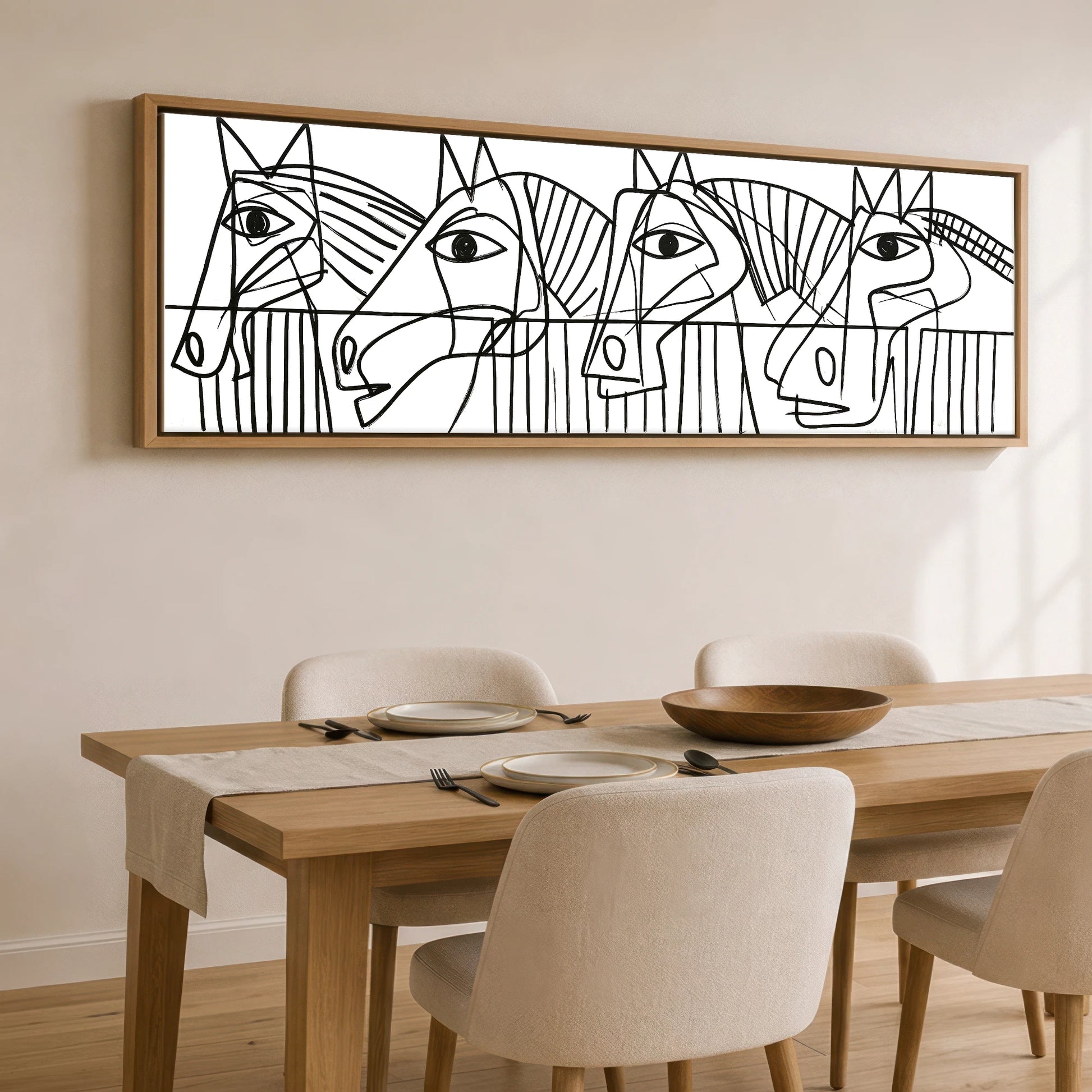Modern Yard Lineup Horse Stable panoramic canvas wall art displayed above a dining table