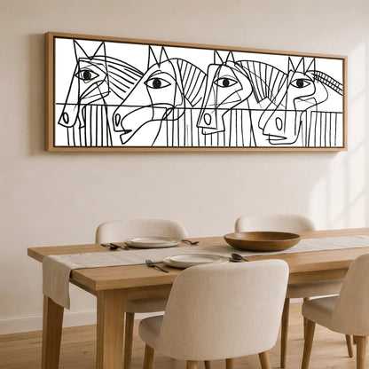Modern Yard Lineup Horse Stable panoramic canvas wall art displayed above a dining table