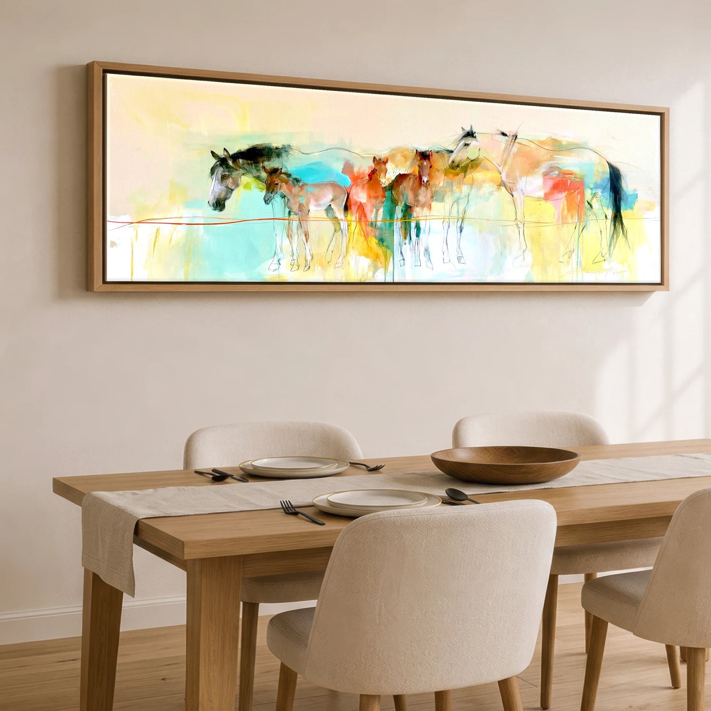 Vibrant Spring Herd Mare & Foal panoramic canvas wall art displayed above a dining table