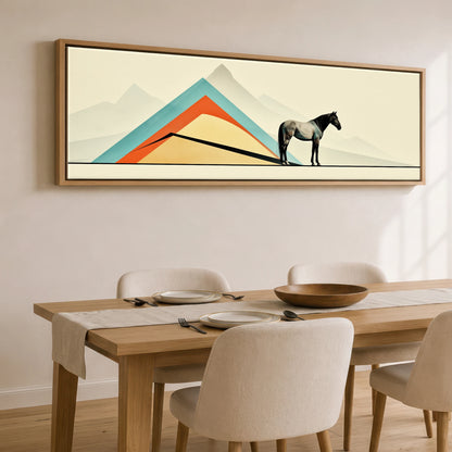 Geometric Equine Horizon Horse Landscape panoramic canvas wall art displayed above a dining table