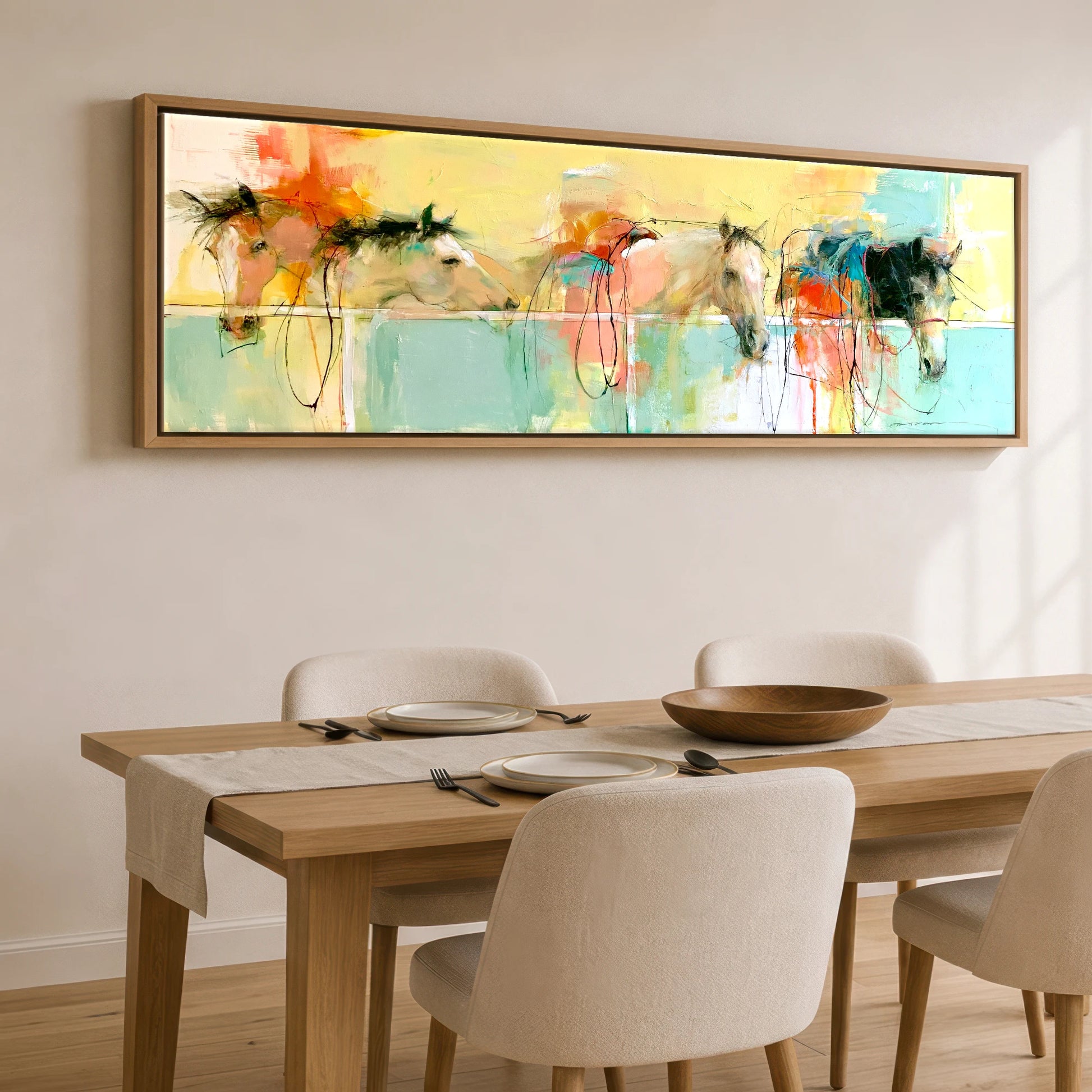 Vibrant Stable Companions Horse Stable panoramic canvas wall art displayed above a dining table