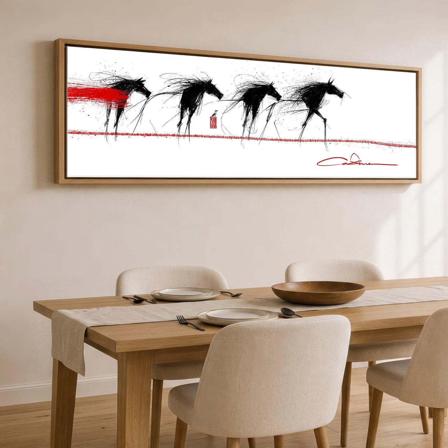 The Crimson Line Wild Horses panoramic canvas wall art displayed above a dining table