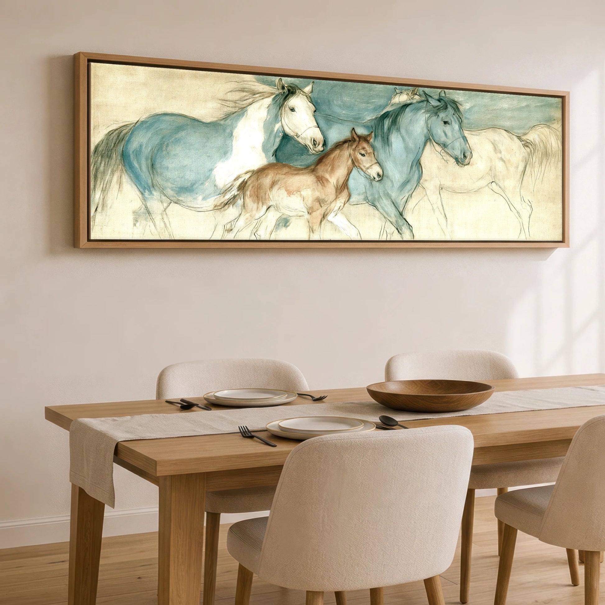 Teal and Parchment Herd Mare & Foal panoramic canvas wall art displayed above a dining table
