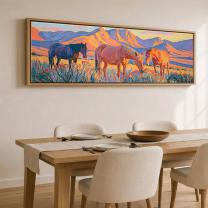 Vibrant Mountain Pasture Horse Landscape panoramic canvas wall art displayed above a dining table