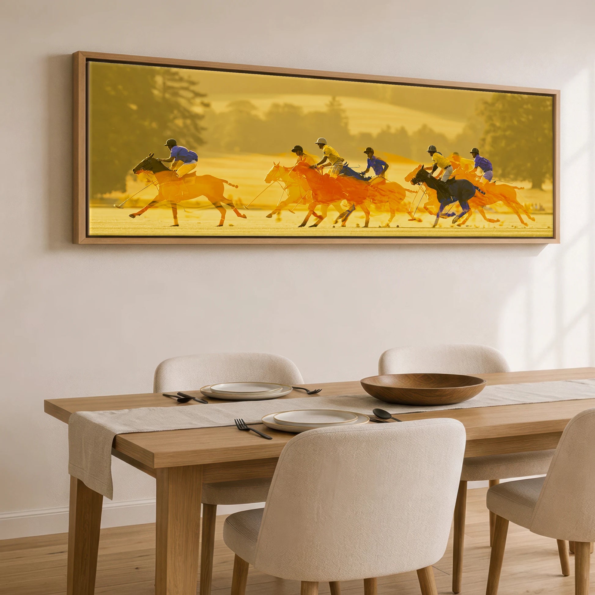The Amber Chukka Polo Horse panoramic canvas wall art displayed above a dining table