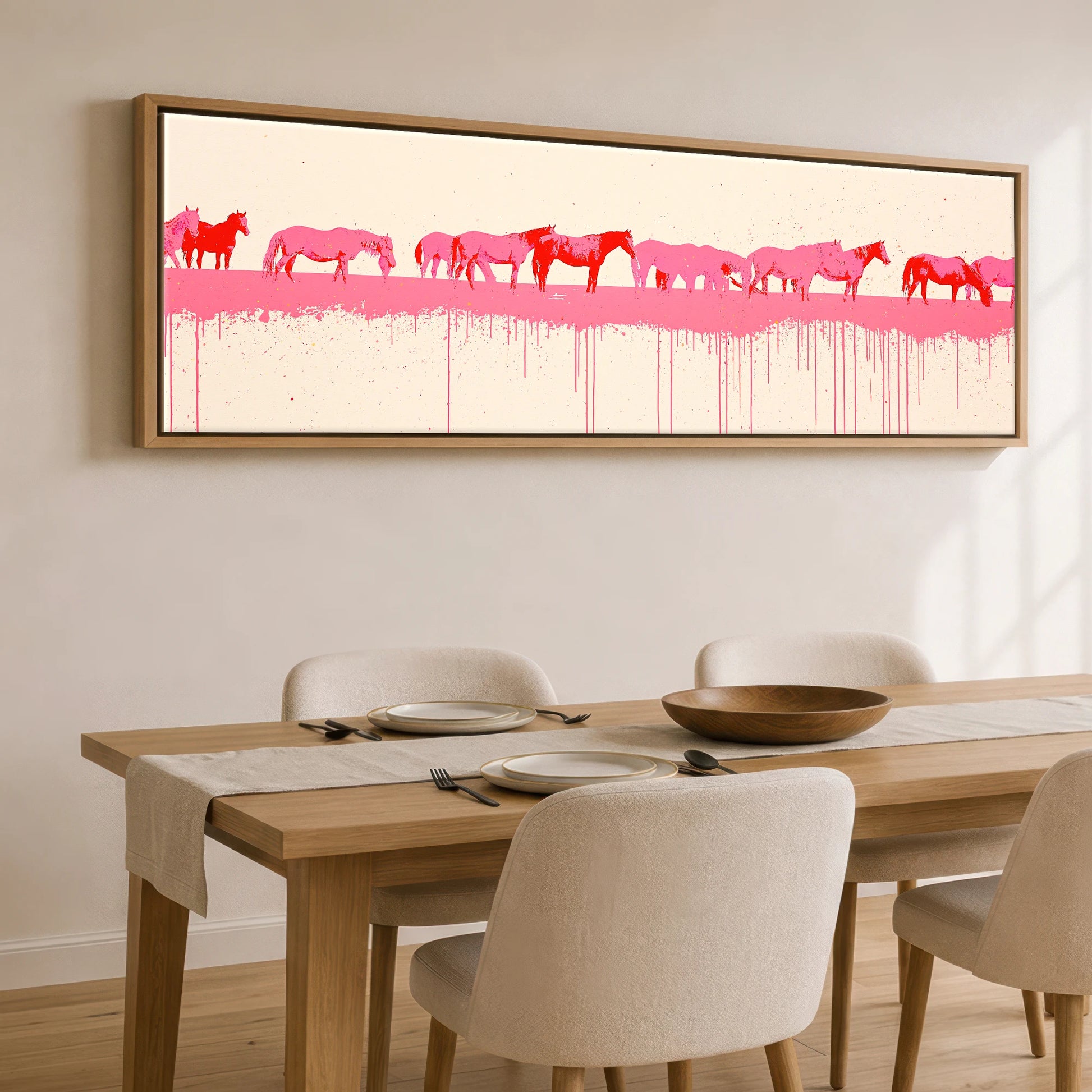 Vibrant Equine Wash Wild Horses panoramic canvas wall art displayed above a dining table