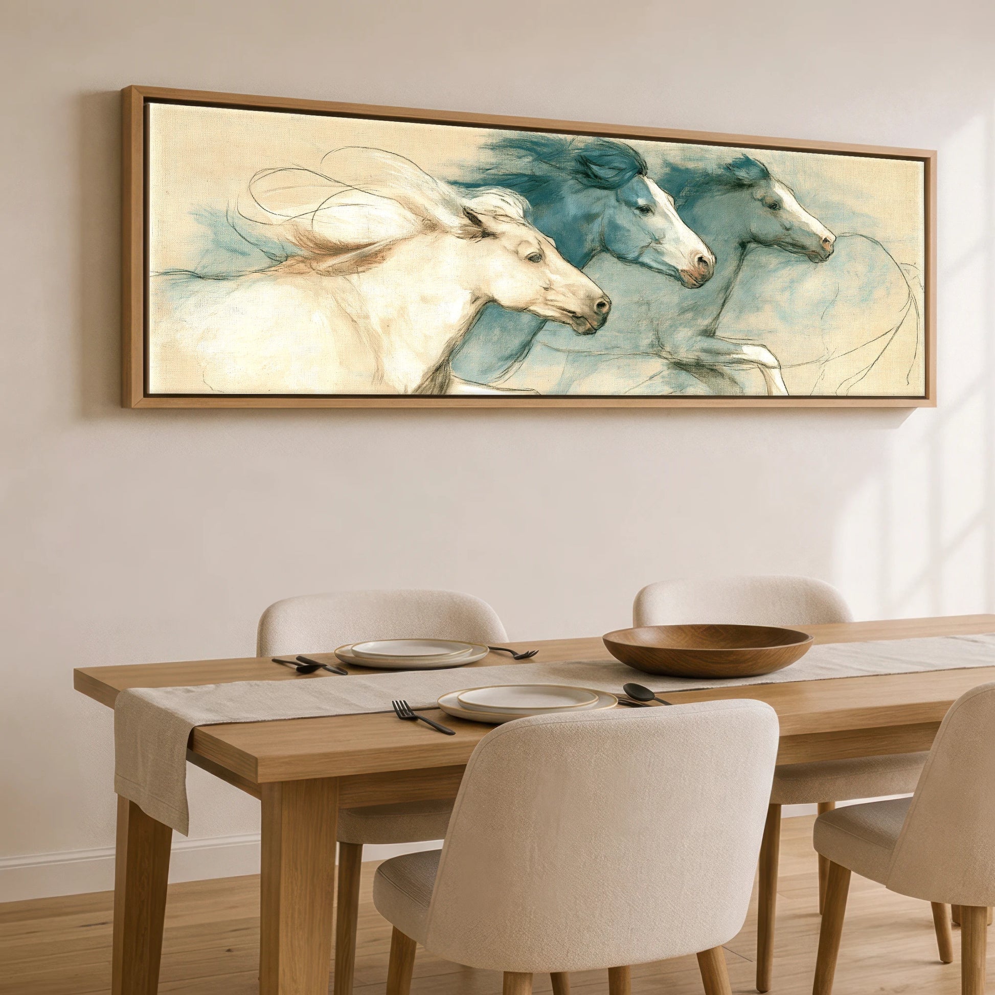 Azure Herd Study Horse Landscape panoramic canvas wall art displayed above a dining table