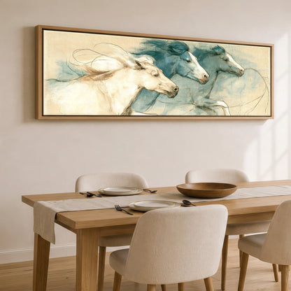 Azure Herd Study Horse Landscape panoramic canvas wall art displayed above a dining table