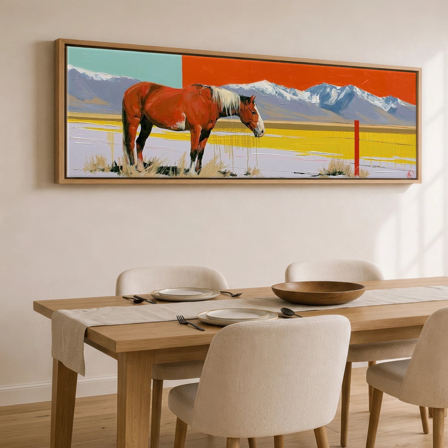 Painted High Country Horse Landscape panoramic canvas wall art displayed above a dining table