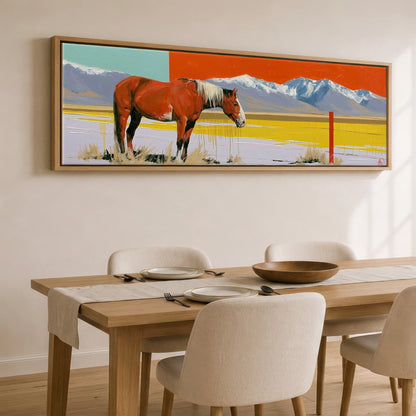 Painted High Country Horse Landscape panoramic canvas wall art displayed above a dining table