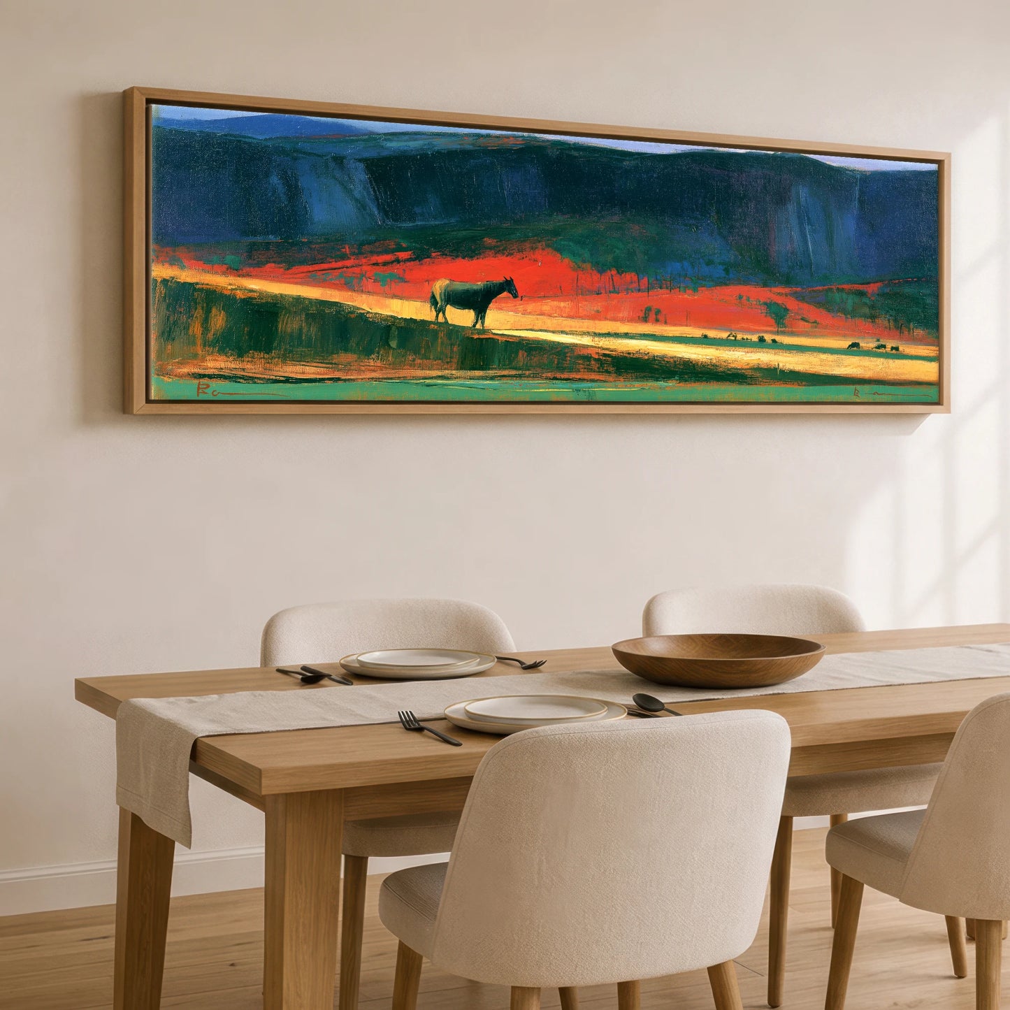 The Crimson Ridge Horse Landscape panoramic canvas wall art displayed above a dining table