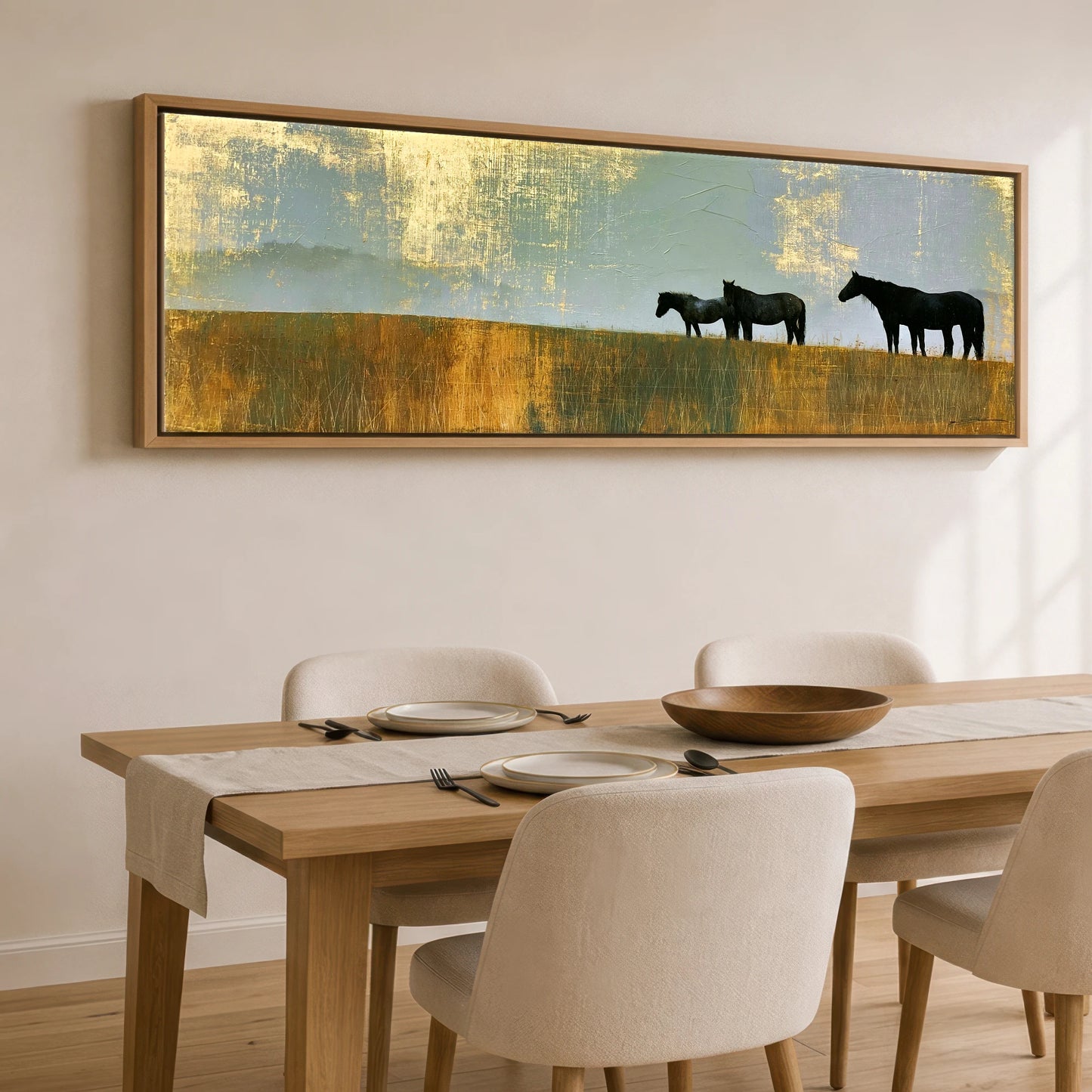 Gilded Horizon Horse Landscape panoramic canvas wall art displayed above a dining table