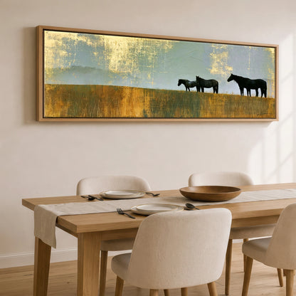 Gilded Horizon Horse Landscape panoramic canvas wall art displayed above a dining table