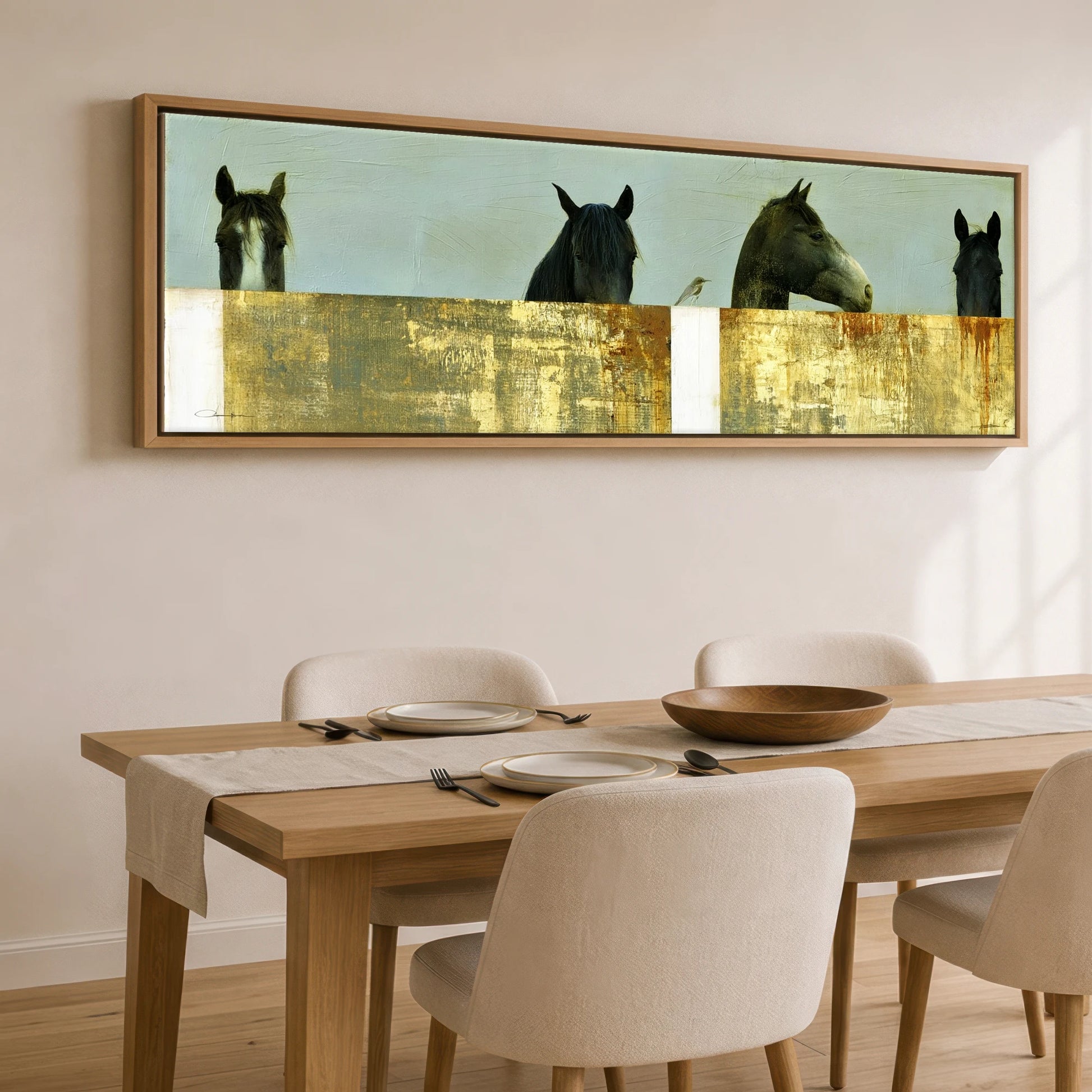 Quiet Observers Horse Stable panoramic canvas wall art displayed above a dining table