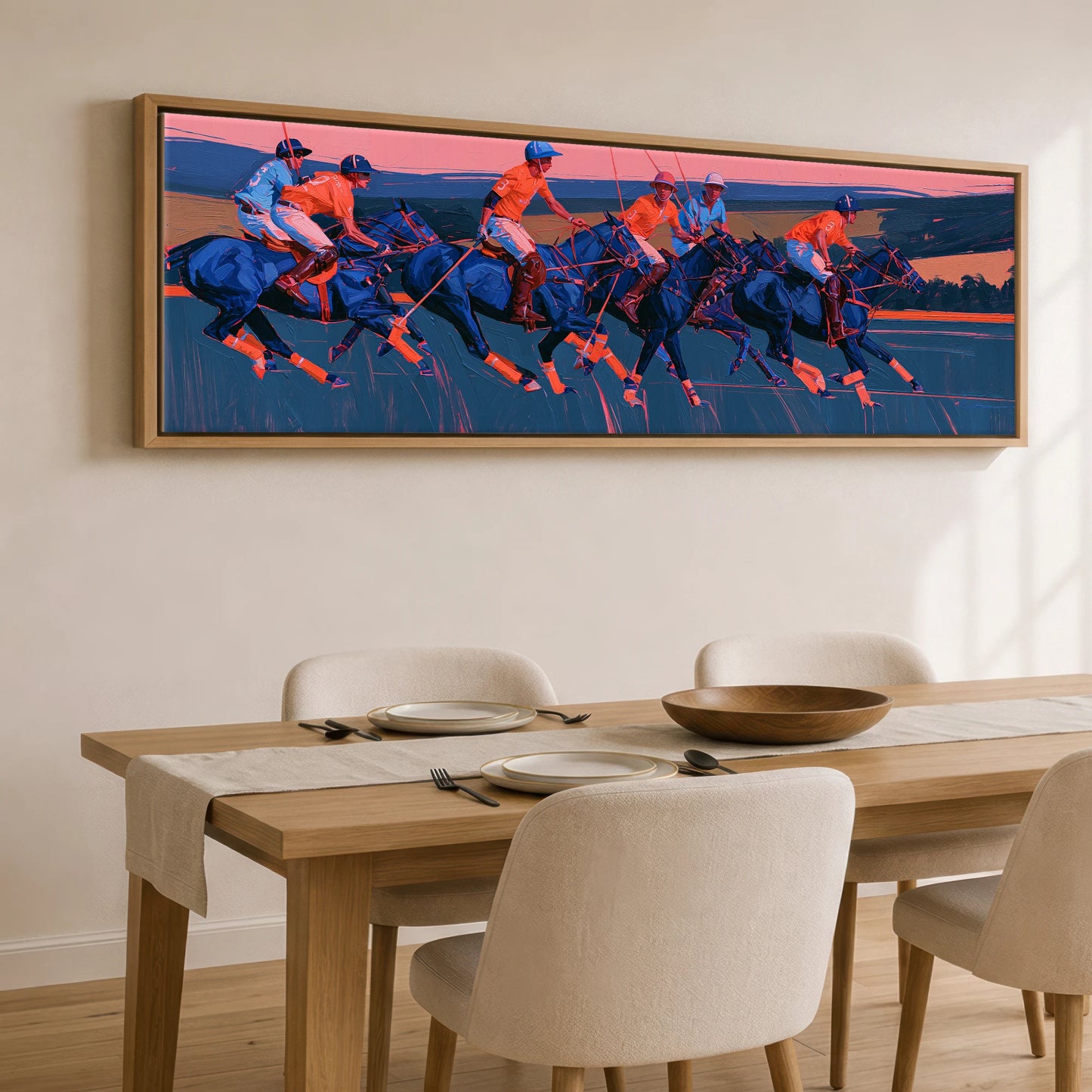Vibrant Polo Charge Polo Horse panoramic canvas wall art displayed above a dining table