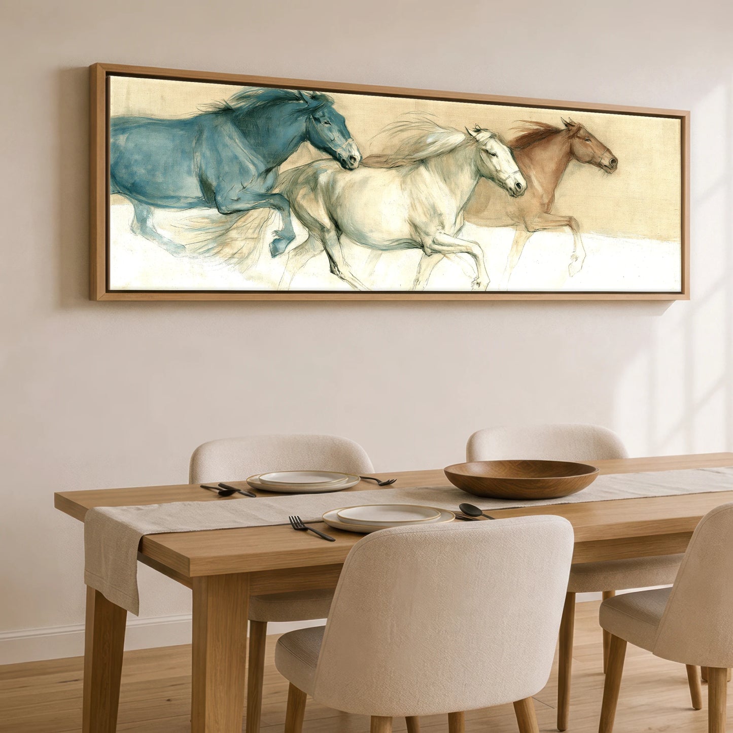 The Three Strides Horse Landscape panoramic canvas wall art displayed above a dining table