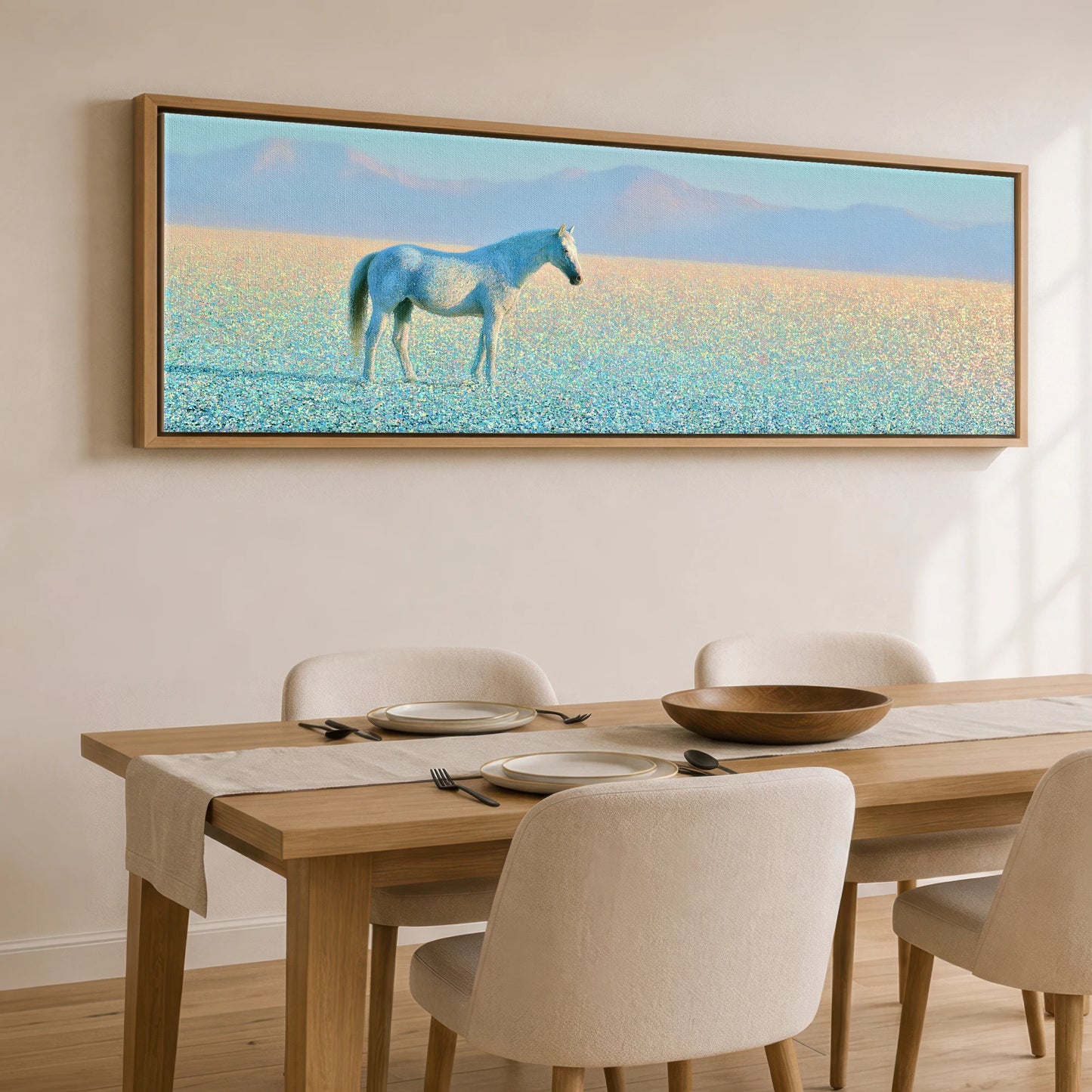 Shimmering Solitude Horse Landscape panoramic canvas wall art displayed above a dining table