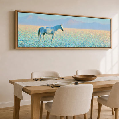 Shimmering Solitude Horse Landscape panoramic canvas wall art displayed above a dining table