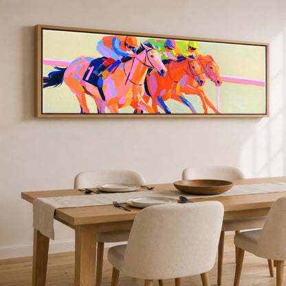 Vivid Finish Line Racing Horse panoramic canvas wall art displayed above a dining table