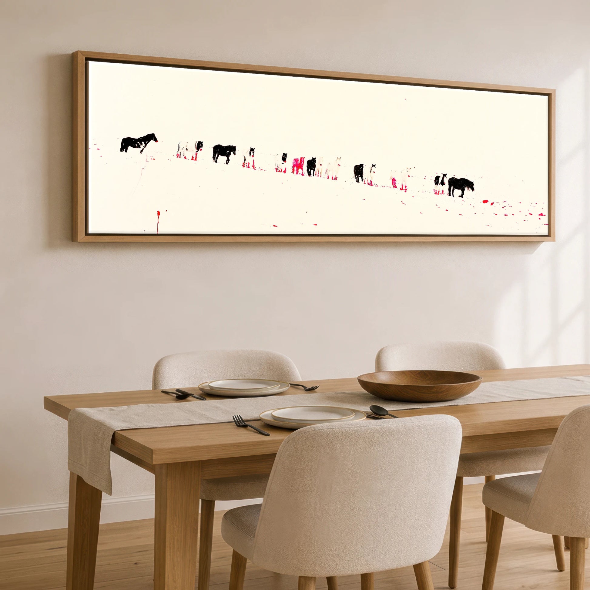 Vivid Procession Horse Landscape panoramic canvas wall art displayed above a dining table