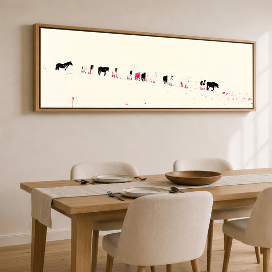 Vivid Procession Horse Landscape panoramic canvas wall art displayed above a dining table