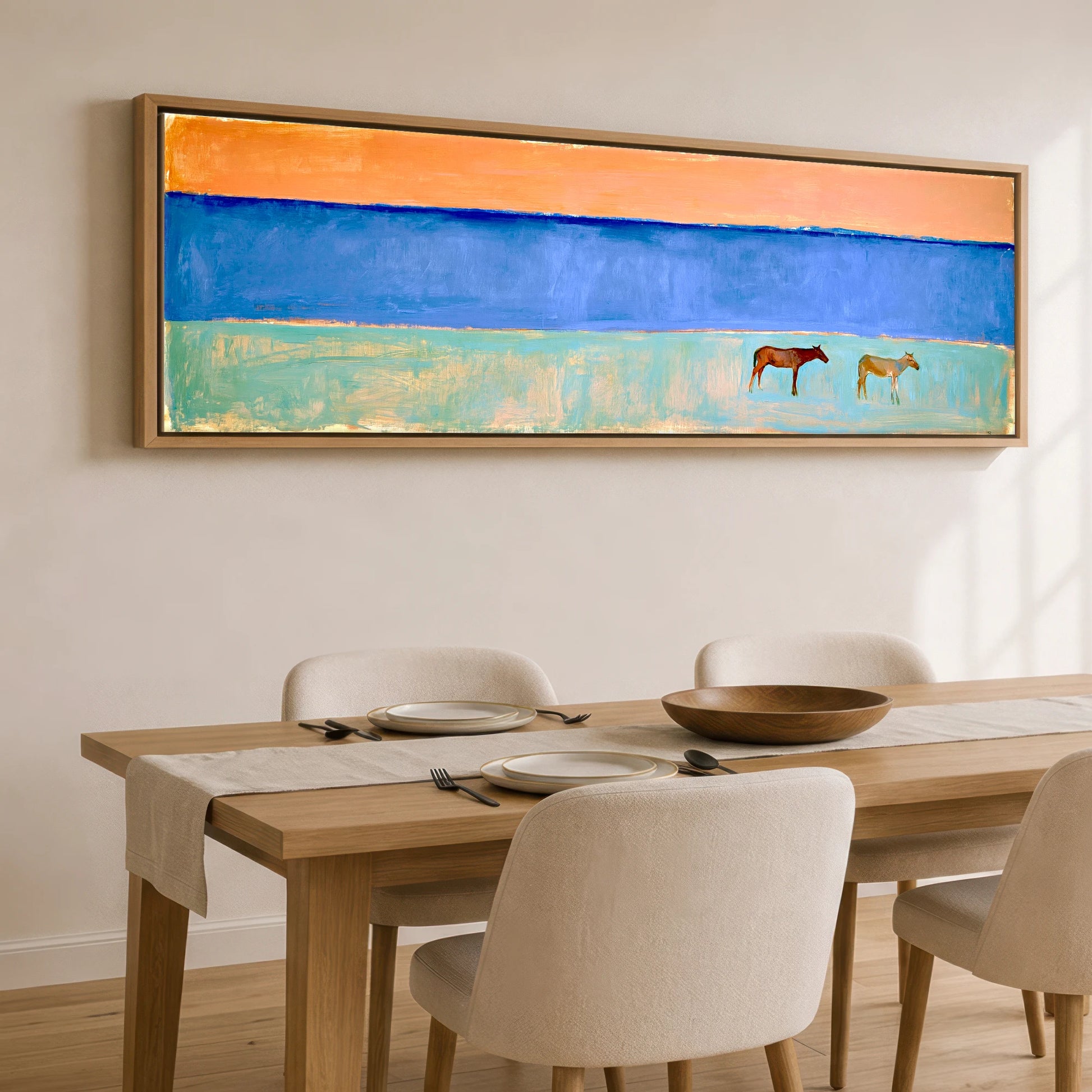 Coastal Pastures Horse Landscape panoramic canvas wall art displayed above a dining table