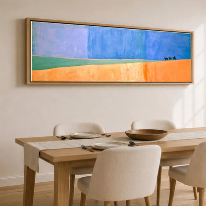 Vast Blue Horizons Horse & Rider panoramic canvas wall art displayed above a dining table