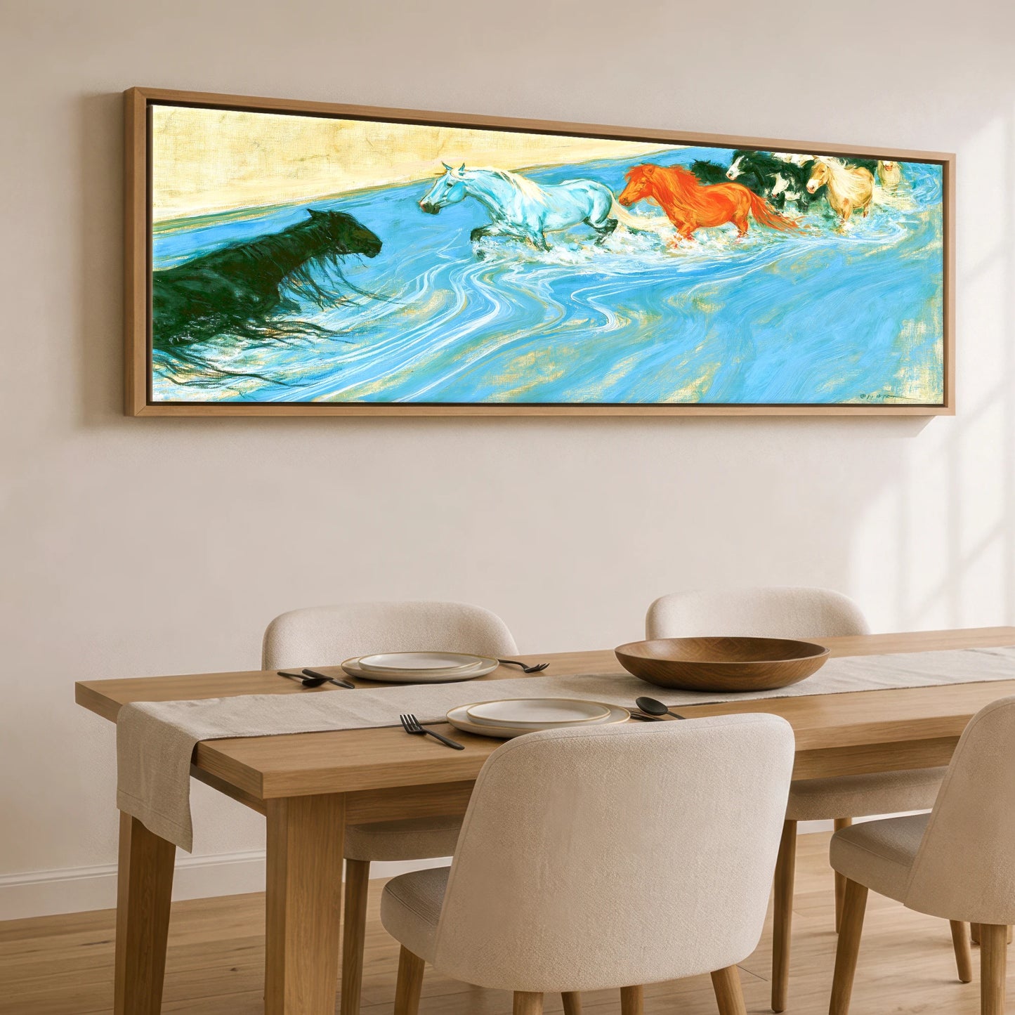 The Azure Crossing Horse Landscape panoramic canvas wall art displayed above a dining table