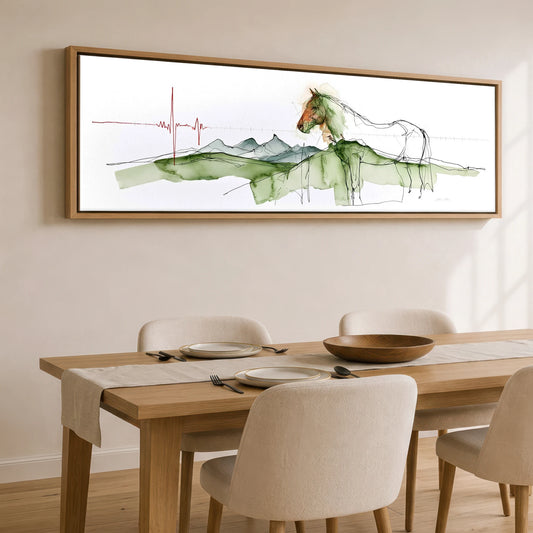 Rhythm of the Land Horse Landscape panoramic canvas wall art displayed above a dining table