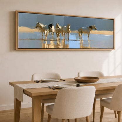 Coastal Reflections Beach Horse panoramic canvas wall art displayed above a dining table
