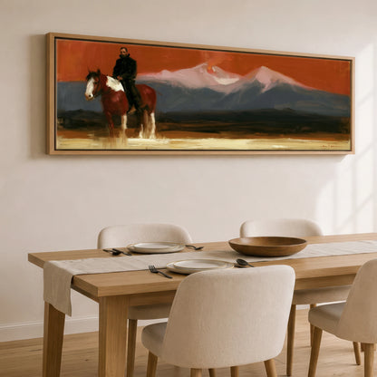 The Vast Horizon Horse Landscape panoramic canvas wall art displayed above a dining table