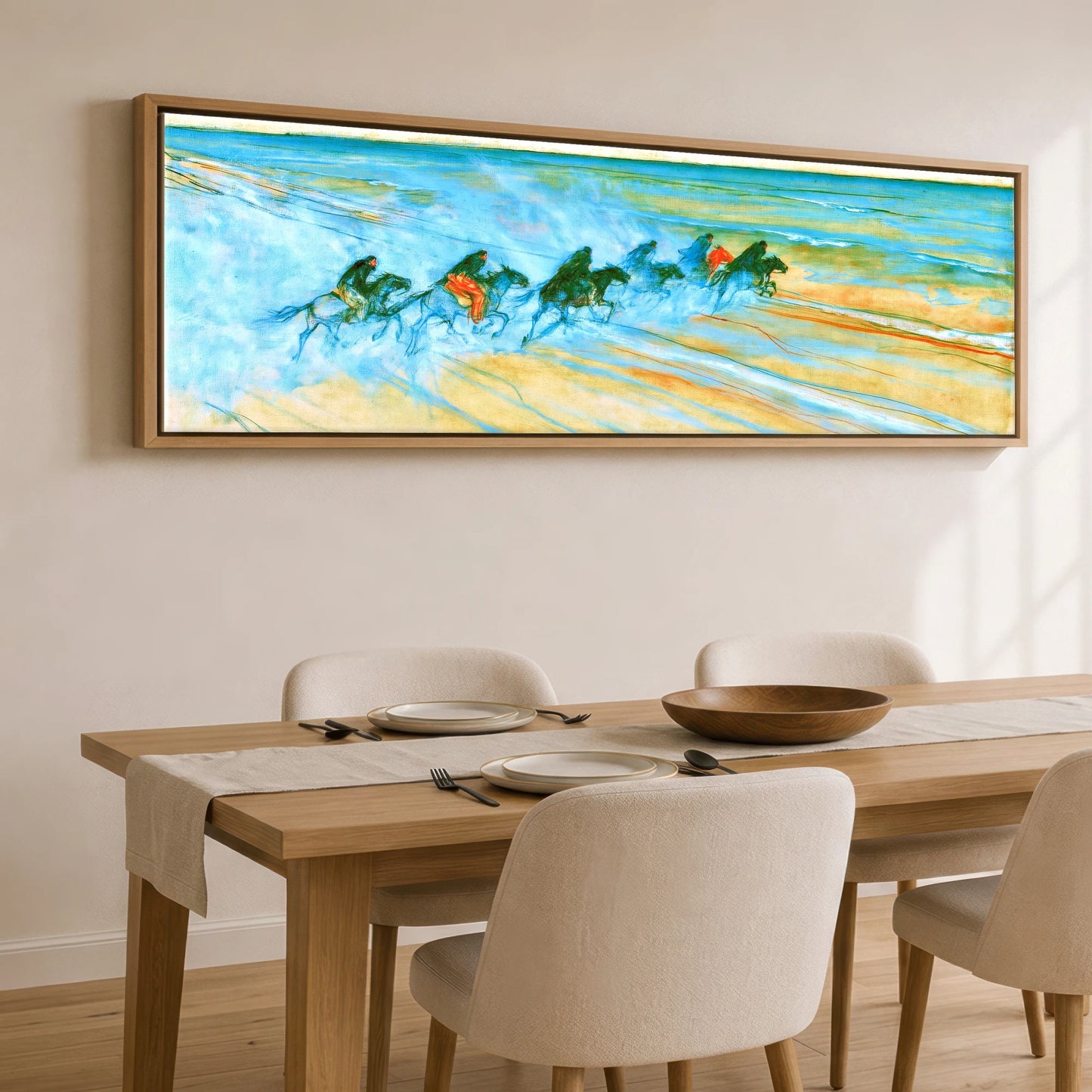 Racing the Tide Beach Horse panoramic canvas wall art displayed above a dining table