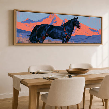 Coral Peaks and Indigo Horse Landscape panoramic canvas wall art displayed above a dining table