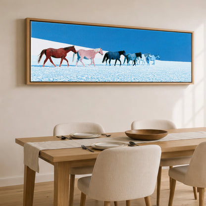 The Azure Procession Horse Landscape panoramic canvas wall art displayed above a dining table