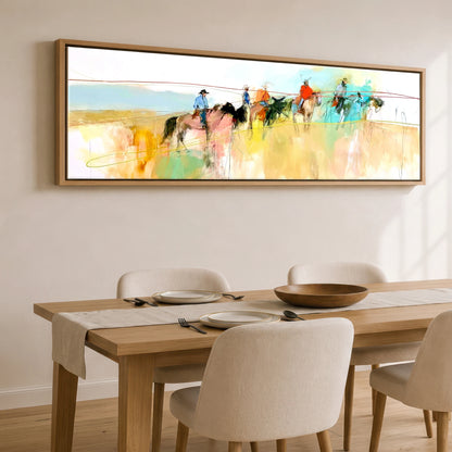 Across the High Plains Horse & Rider panoramic canvas wall art displayed above a dining table