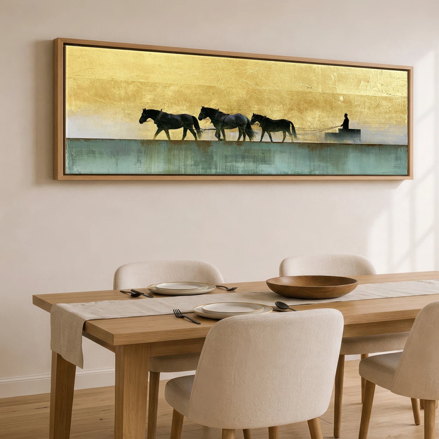 The Golden Drive Working Horse panoramic canvas wall art displayed above a dining table