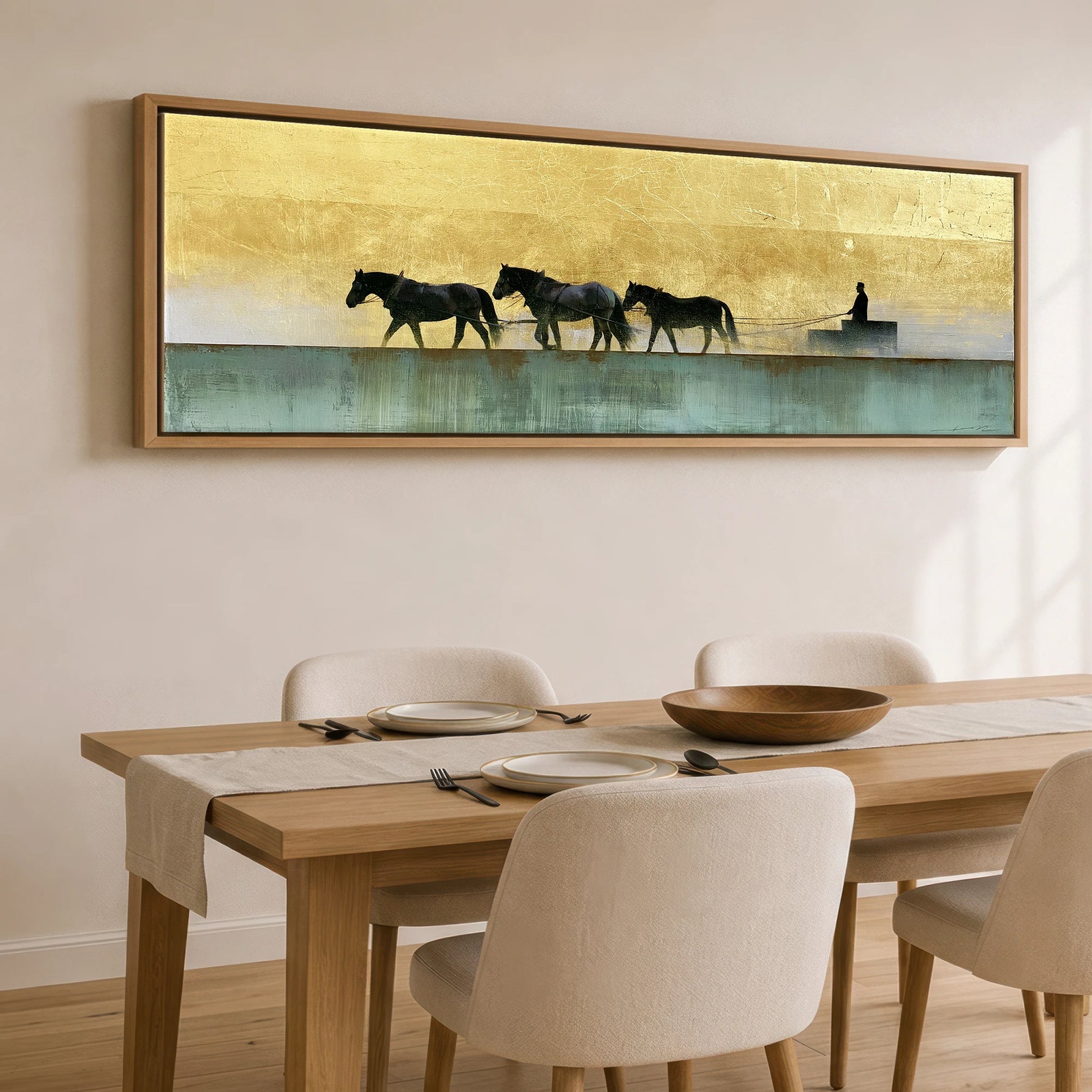 The Golden Drive Working Horse panoramic canvas wall art displayed above a dining table