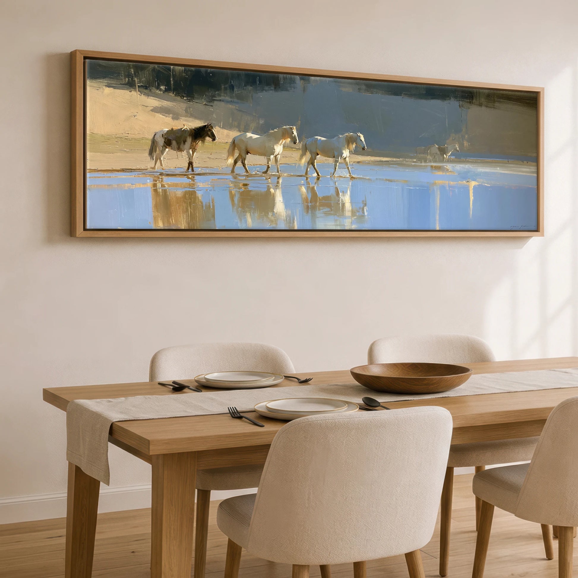 Sunlit Shallows Horse Landscape panoramic canvas wall art displayed above a dining table