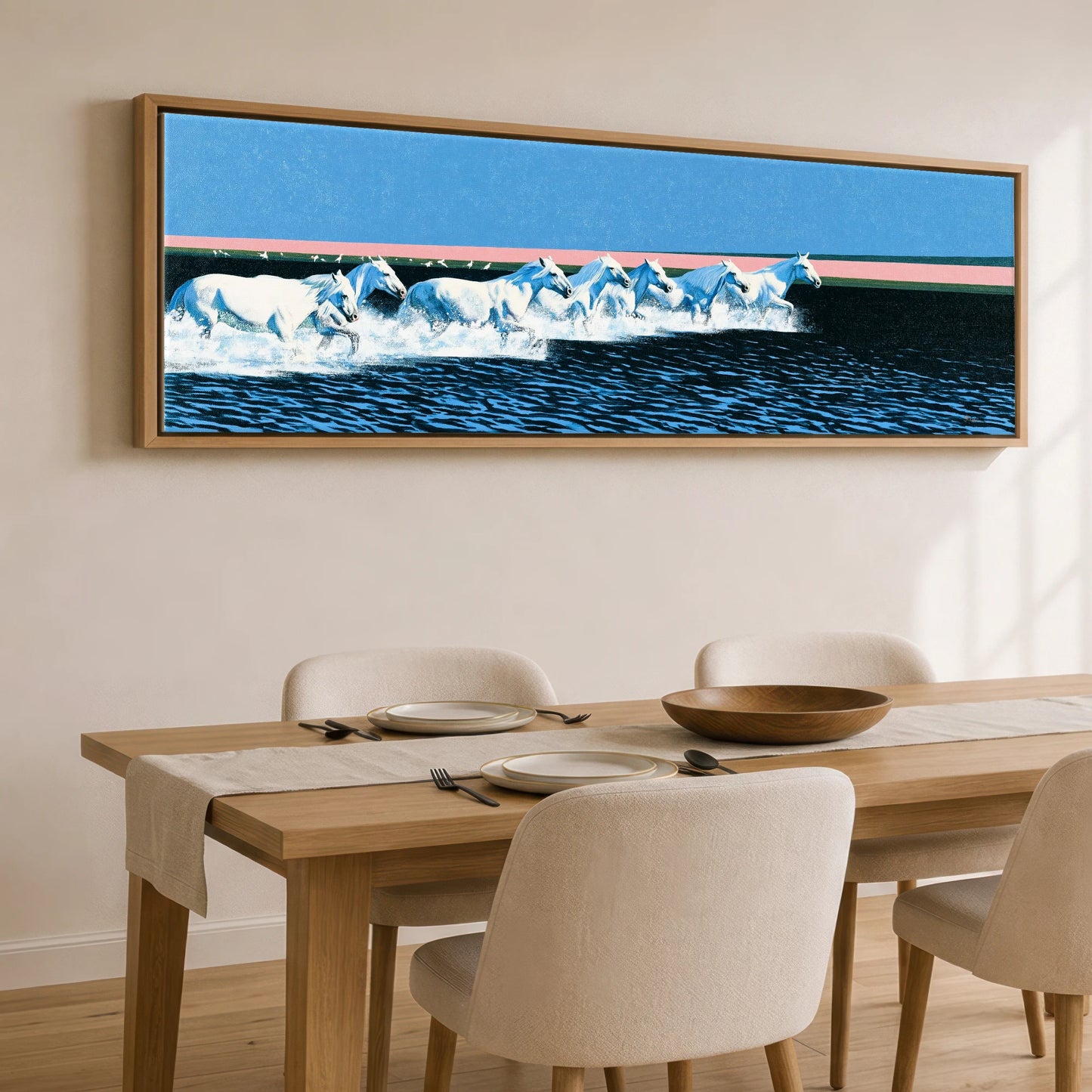 Azure Coastal Gallop Horse Landscape panoramic canvas wall art displayed above a dining table
