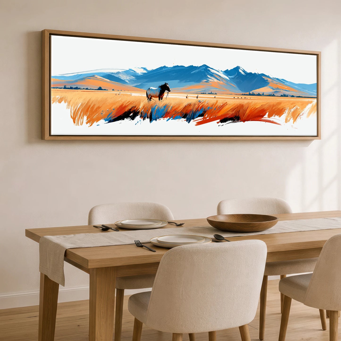 Painted Plains Horse Landscape panoramic canvas wall art displayed above a dining table