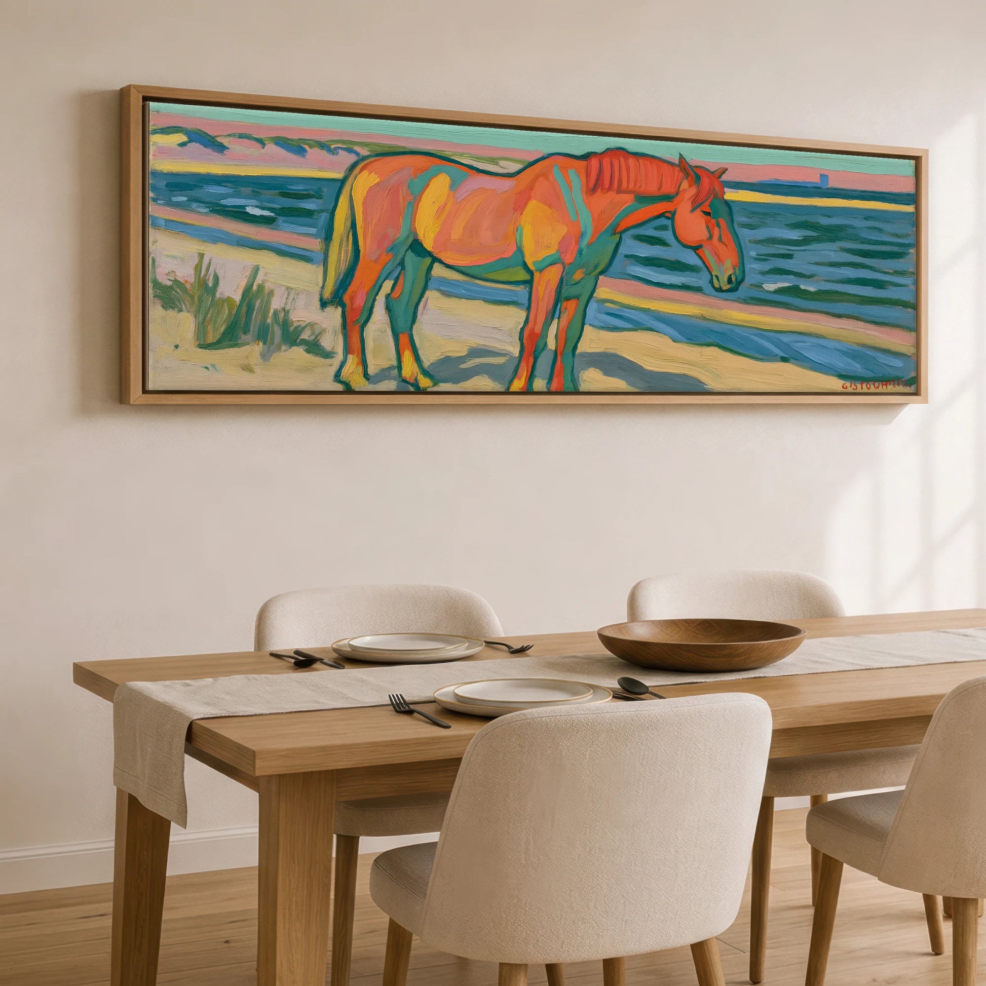 Vibrant Coastal Equine Horse Landscape panoramic canvas wall art displayed above a dining table