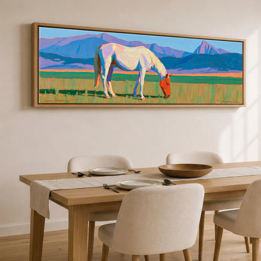 Vivid Mountain Pasture Horse Landscape panoramic canvas wall art displayed above a dining table