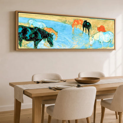 The Cerulean Stream Wild Horses panoramic canvas wall art displayed above a dining table