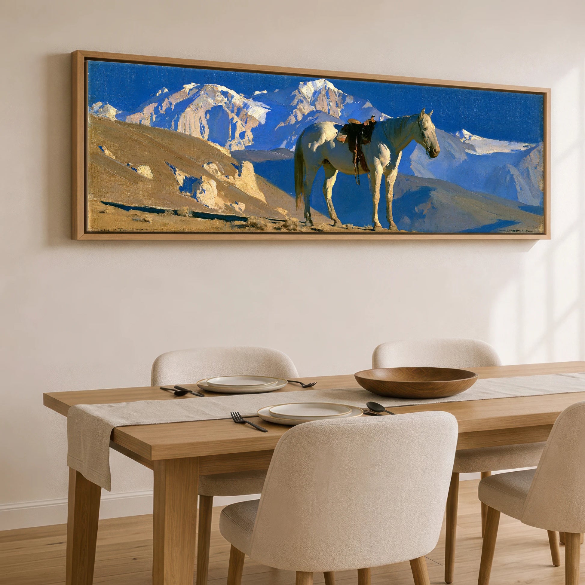 Sunlit Ridge Horse Landscape panoramic canvas wall art displayed above a dining table