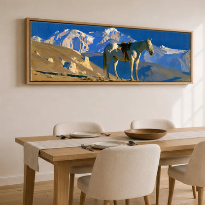 Sunlit Ridge Horse Landscape panoramic canvas wall art displayed above a dining table