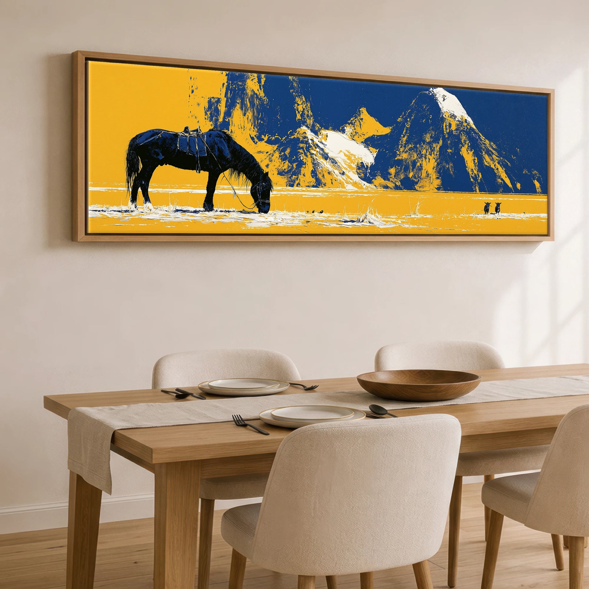 Ochre Plains and Navy Peaks Horse Landscape panoramic canvas wall art displayed above a dining table