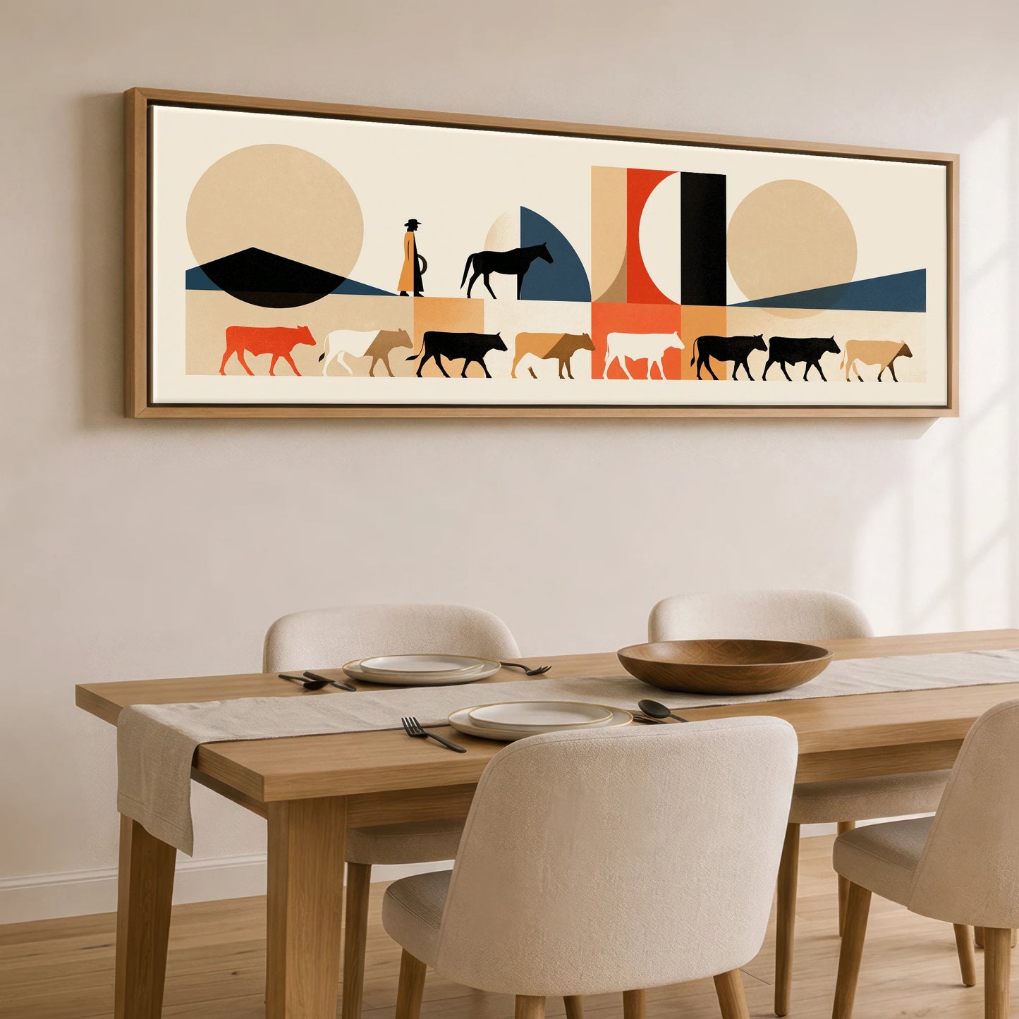 The Drover's Line Western Horse panoramic canvas wall art displayed above a dining table