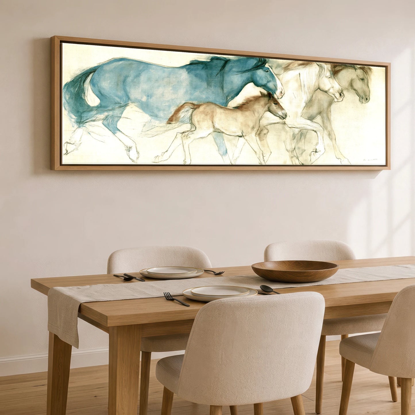 Azure Mare and Foal Mare & Foal panoramic canvas wall art displayed above a dining table