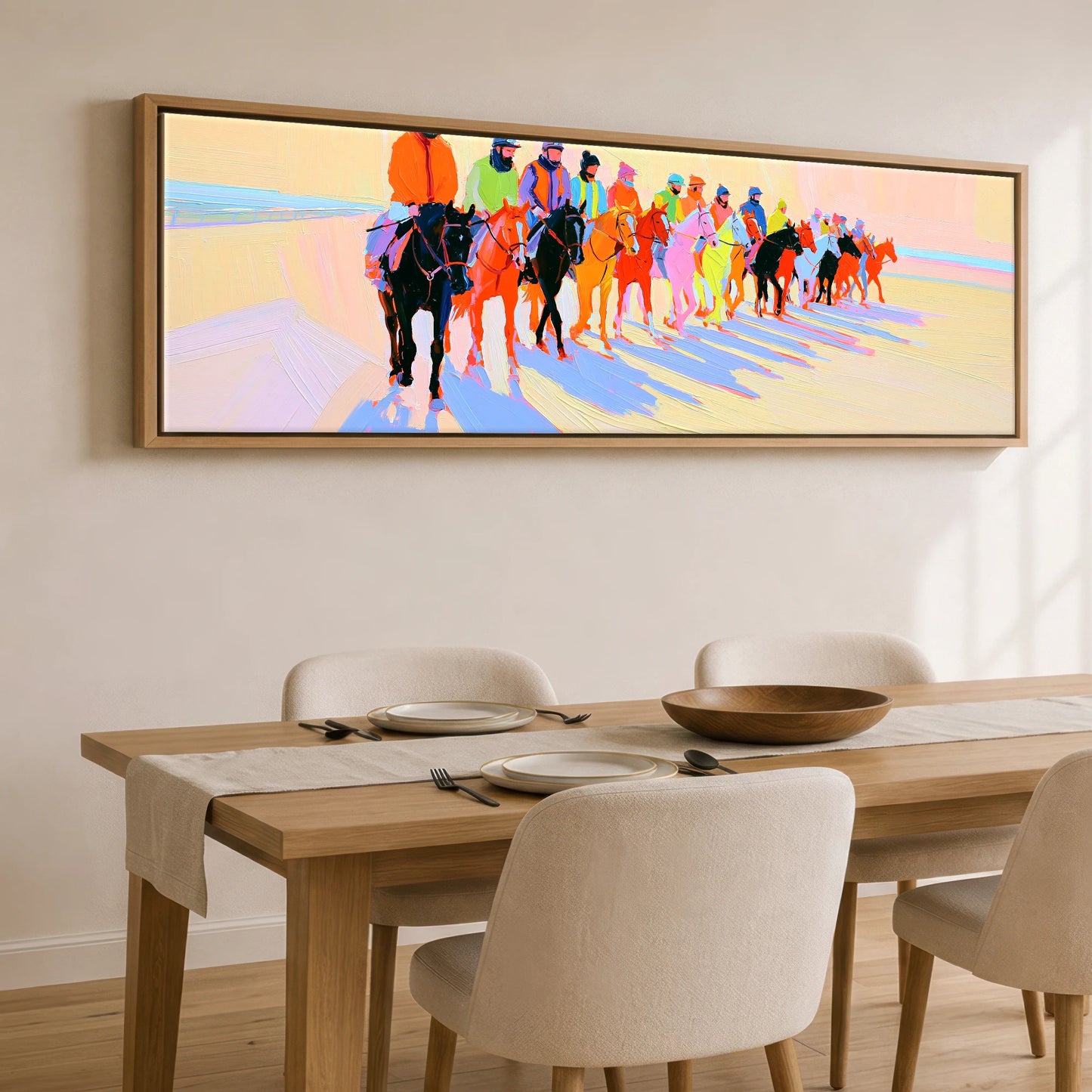 Technicolour Parade Racing Horse panoramic canvas wall art displayed above a dining table